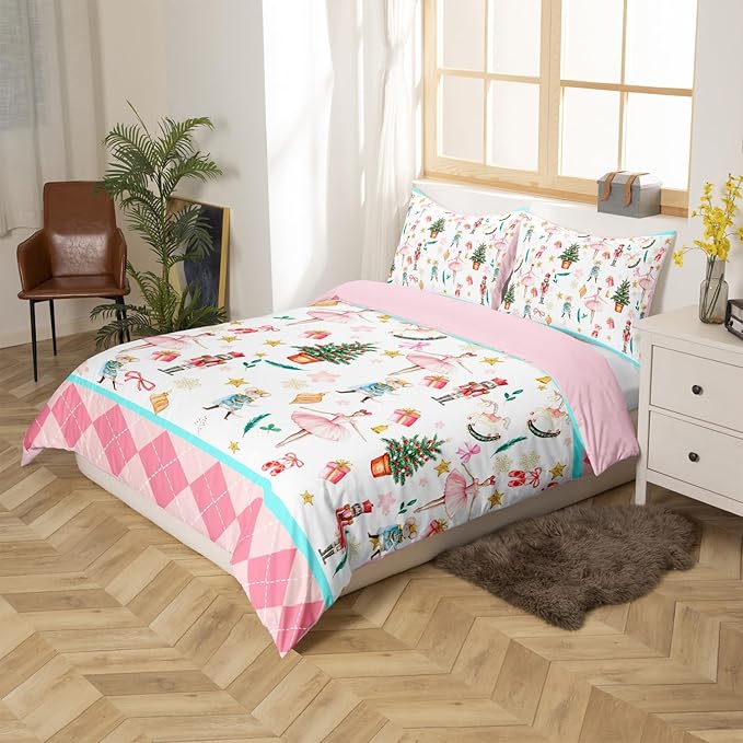Nutcracker Christmas Pink Comforter Cover Full Size Xmas Royal Guarder Ballet Princess Duvet Cover New Year Pink Buffalo Plaid Bedding Set Gifts for Kids Boys Girls 2 Pillow Cases