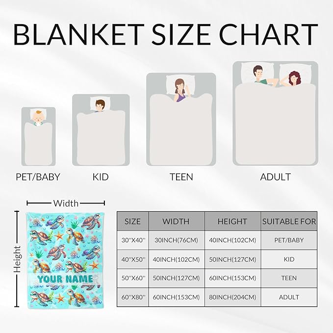 Custom Sea Turtle Gifts for Women - 60" x 80" Inches Turtle Blanket for Adult - Green Warm Furry Blankets for Sofa, Bed & Living Room
