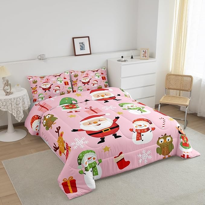 Erosebridal Merry Christmas Bedding Set for Kids Santa Claus Quilts Cute Cartoon Snowman Comforter Set Full Size with 2 Pillow Cases Xmas Snowflake Duvet Insert,Pink