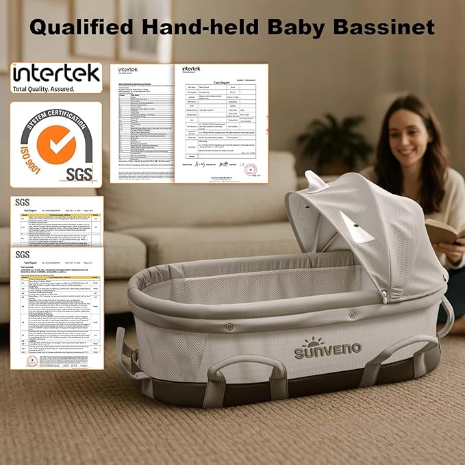 SUNVENO Handheld Portable Baby Bassinet with Removable Canopy, Foldable Travel Cradle, 6 Carry Handles, Breathable Mesh & Water-Resistant Base, Newborn Indoor/Outdoor Travel Bed