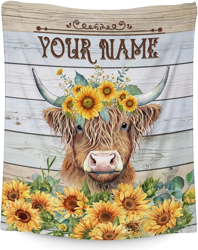 Custom Highland Cow Blanket Gifts with Name - 50x40 Inches Cute Throw Blanket for Women Girls - Yellow Soft Fuzzy Vintage Sunflower Blankets for Crib Couch Sofa Travel
