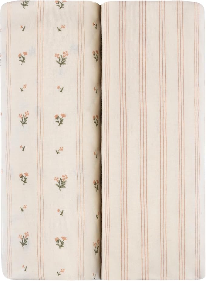 Ely's & Co. Crib Sheets, Baby Girl Fitted Crib Mattress Sheet Set, 2 Pack, 100% Jersey Knit Cotton, Infant and Toddler Nursery Bedding, 28” x 52” Pink Linear Floral Collection