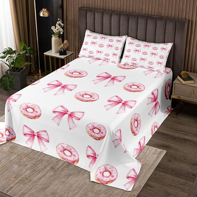 Pink Bowknot Kids Bedspread King Size,Donut Dessert Cartoon Food Toddler Coverlet Set,Girls Women Room Decor,Bow Tie Knot Princess Style Quilted Coverlet,Cute Fashion Bedding Quilt,2 Pillowcases
