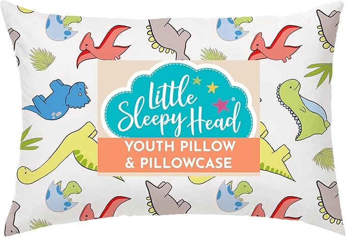 Little Sleepy Head Youth Pillow with Pillowcase 16x22, Soft Jumbo Toddler Pillow & Hypoallergenic Pillowcase - Best Kids Pillows for Sleeping, Perfect Kids Travel Pillow (Dinosaurs White)