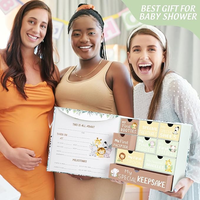 Baby Keepsake Box Newborn Memory Organizer with 9 Labeled Compartments First Keepsake Book Gift Box for Pregnancy Mother"s Day Baby Shower New Maternity (Green,Jungle Animal)