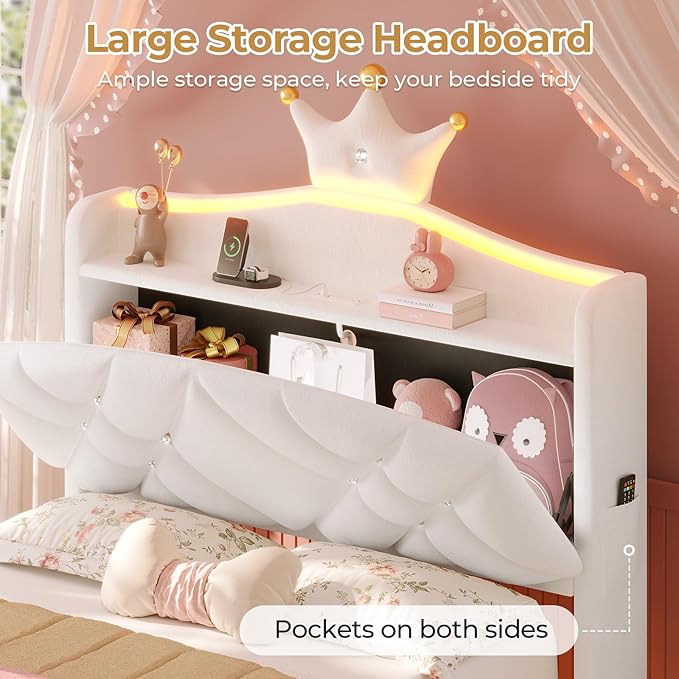 MSmask Twin Bed Frame with LED Lights, Princess Upholstered Bed with Headboard with Charging Station & Crystal Button & Crown, Velvet Platform Bed for Girls, Solid Wood Slats, Curved Legs, White