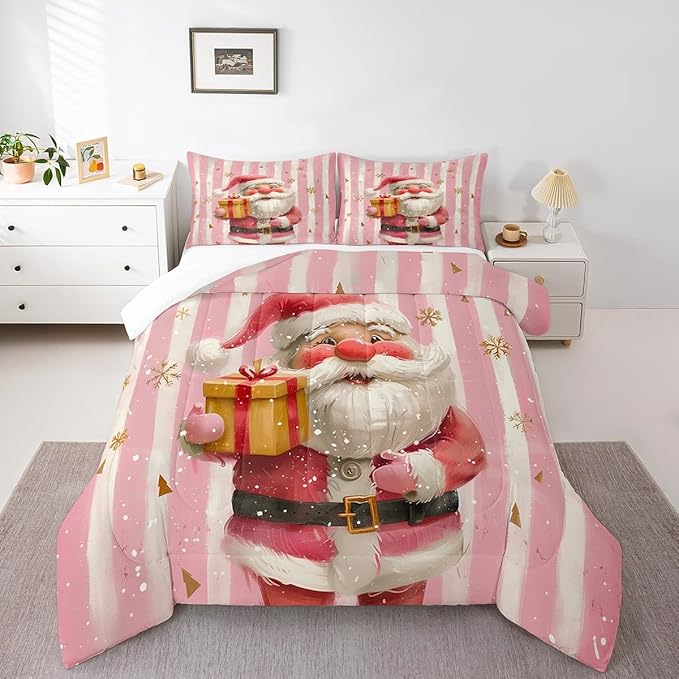 Cartoon Santa Claus Bedding Set Full Size,Merry Christmas Snowflake Comforter Set for Kids Boys Girls Room Decor,Red Pink Stripes Duvet Insert 3Pcs,Xmas Theme Microfiber Quilt Set,2 Pillowcases
