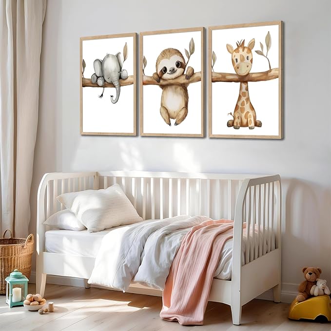 3Pcs Nursery Animal Wall Art Safari Nursery Canvas Poster Prints Jungle Kids Painting Cute Animal Elephant Sloth Giraffe Artwork Picture Wall Decor for Boys Room Girls Room 16x24in Unframed