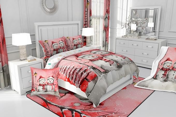 Feelyou Christmas Bedding Set Soft for Boys Girls, Pink Watercolor Snowman Comforter Set Toddler Size Xmas Winter Duvet Quilt Microfiber Snowflake Bedroom Decor 2 Pcs with 1 Pillow Cases