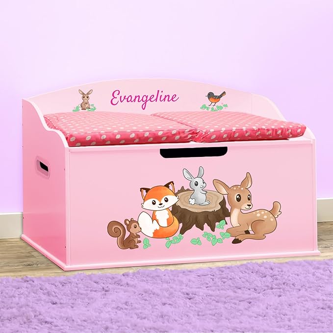 DIBSIES Personalized Creative Wonders Toy Box, Woodland Creatures, 30 x 19.25 x 18 inches, Soft-Close Lid (Pink)