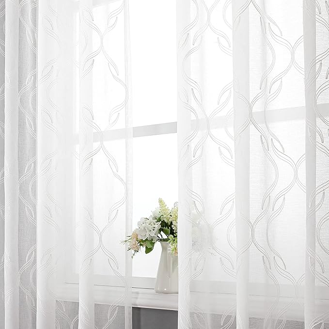VISIONTEX Sheer Curtains 84 Inches Long 2 Panels Set, White Moroccan Embroidery Texture Geometric Rod Pocket White Voile Tulle Semi Window Treatment Pair for Bedroom, W54 x L84