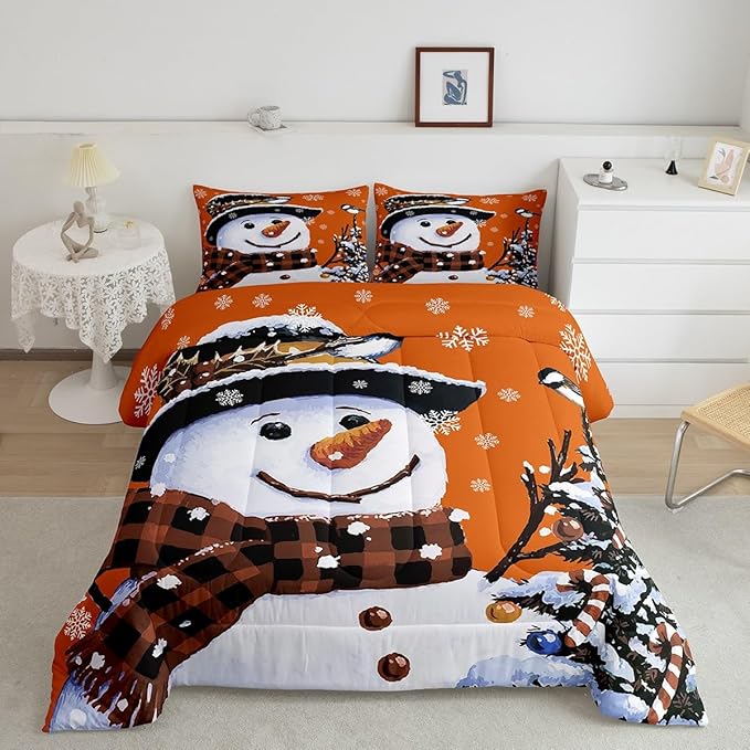 Feelyou Kids Christmas Theme Decorations Bedding Set Xmas Snowman Comforter Set for Boys Girls Snowflake Kawaii Cute Comforter Pumpkin Orange Quilt Set Bedroom Collection Twin Size