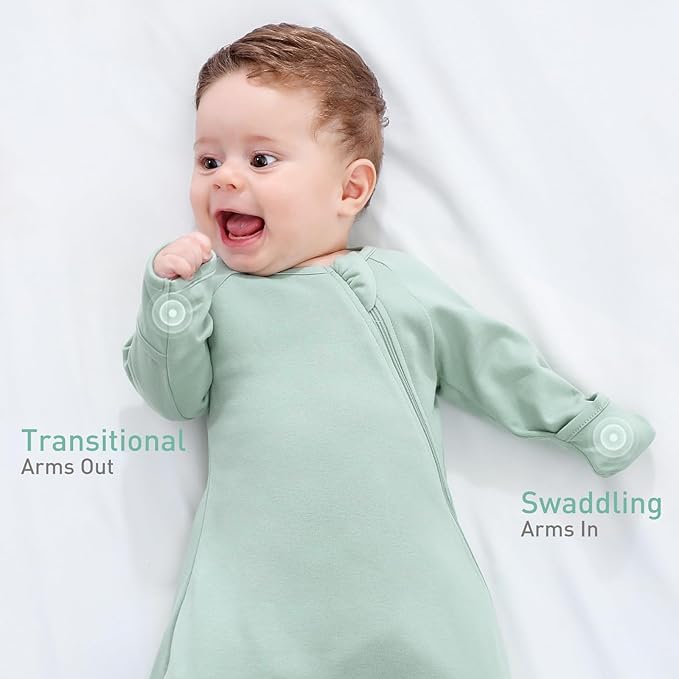 Baby Transitional Swaddle Sack Arms Up Length Sleeves Mitten Cuffs 2 Pack 6-12 Months, Cotton Wearable Sleeping Bag Swaddling Blanket for Babies Boys Girls Sleep Sacks Snug Fit Calms Startle Reflex