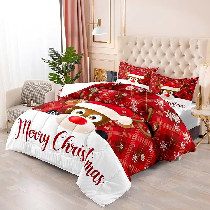 LUVIVIHOME 2PCS Merry Christmas Comforter Set Twin Size, Snowflake Cartoon Funny Cute Elk Deer Bedding, Xmas Christmas Bedroom Decor, Soft Microfiber White Red Quilt, 1 Pillow Sham