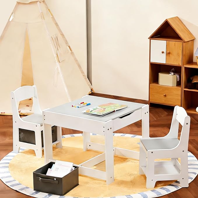 Kids Table and Chairs Set, 3 in 1 Wooden Toddler Table with Storage Drawer and Detachable Tabletop, for Children/Toddler/Baby Drawing Reading Playing, White and Gray