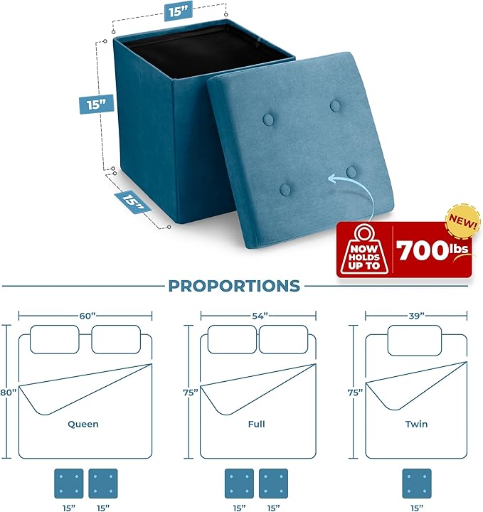 Sorbus Storage Ottoman Foot Rest Cube– Small Folding Ottoman Bedroom Bench Chest 15 Inch Box Coffee Table, Shoe Storage, Foot Stool, Pouf Storage Ottoman, Seat, Suede Velvet Fabric - Teal Blue