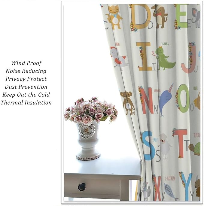 Kids Alphabet Curtains Funny Letter Education Cute Cartoon Animal Printed Curtain with Rod Pocket for Bedroom Living Room Home Decor Drapes Window Treatments 2 Panels Set 72" W X 63" L