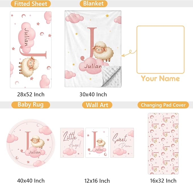 5 Piece Customized Crib Bedding Set for Baby Girls - Custom Name Baby Crib Pink Sheep Nursery Bedding Set with Soft Blanket, Fitted Sheet, Rug, Personalized Gifts for Toddler, Newborn, Infant