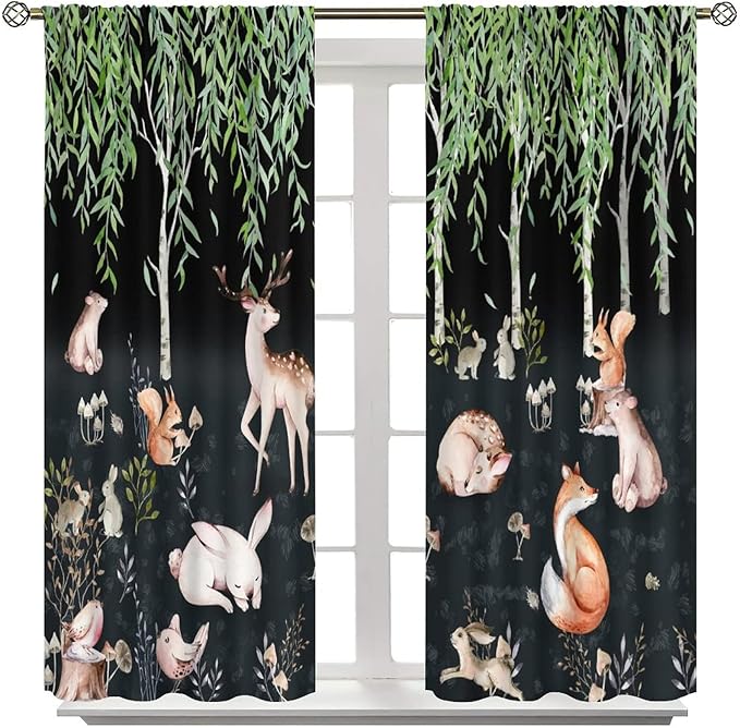Forest Animal Curtains, Watercolor Cartoon Woodland Plants Animals Bears Moose Mushrooms Printed Curtains for Kids Boys and Girls Bedroom Window Drapes 42x54 Inch