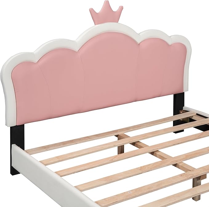 Full Size Princess Bed Frame with Crown Shaped Headboard for Kids,Upholstered Platform Bed with Slats Support,Full Girls Bed,Full Bed for Girls Teens,White