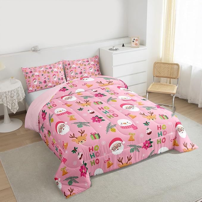 Feelyou Santa Claus Comforter Set Full Size Xmas Bedding Set for Kids Boys Girls Christmas Decor Duvet Quilt Happy New Year Bedroom Decor Microfiber 3 Pcs with 2 Pillow Cases