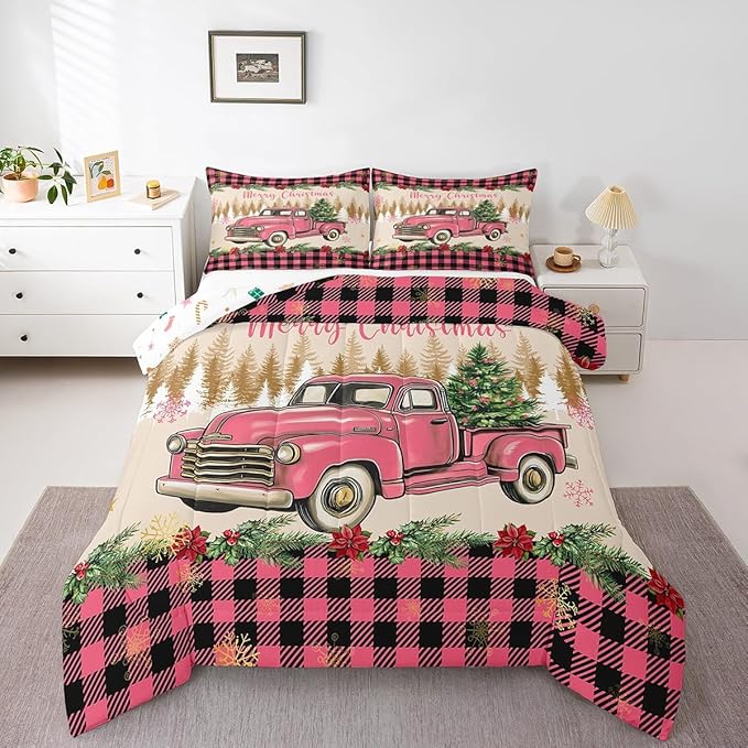Erosebridal Christmas Comforter Sets Merry Xmas Tree Toddler Bedding Sets Red Truck Painting Down Comforter,Lattice Decor Bed Set for Kids Boys Girls Teens Bedroom Decor,Reversible