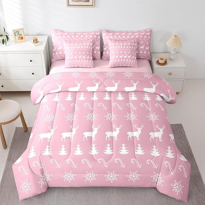 Erosebridal Christmas King Bedding Set 7 Piece,Xmas Elk Deer Bed in A Bag,Candy Snowflake Comforter Set Pine Tree Woodland Animals Sheet Set with Comforter,Pink Christmas Decoration