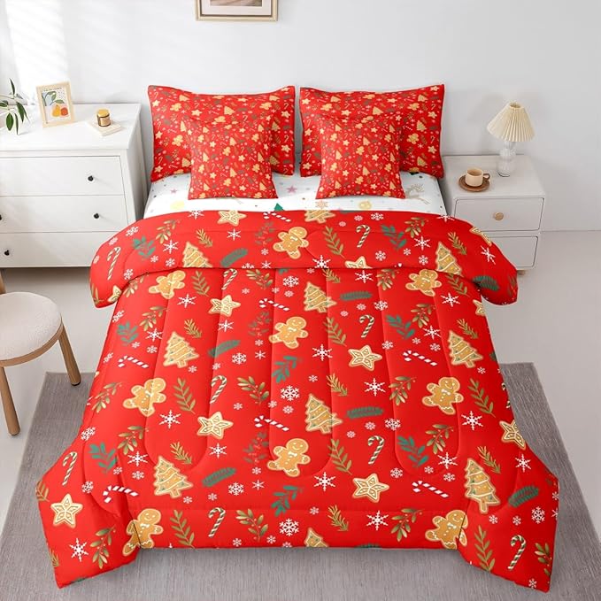 Feelyou Christmas Tree Comforter Set Queen Size 7 Pieces Cute Gingerbread Man Bedding Set for Kids Boys Girls Red Botanical Bed in a Bag Reversible Xmas Decor Bedroom Quilted Breathable Soft