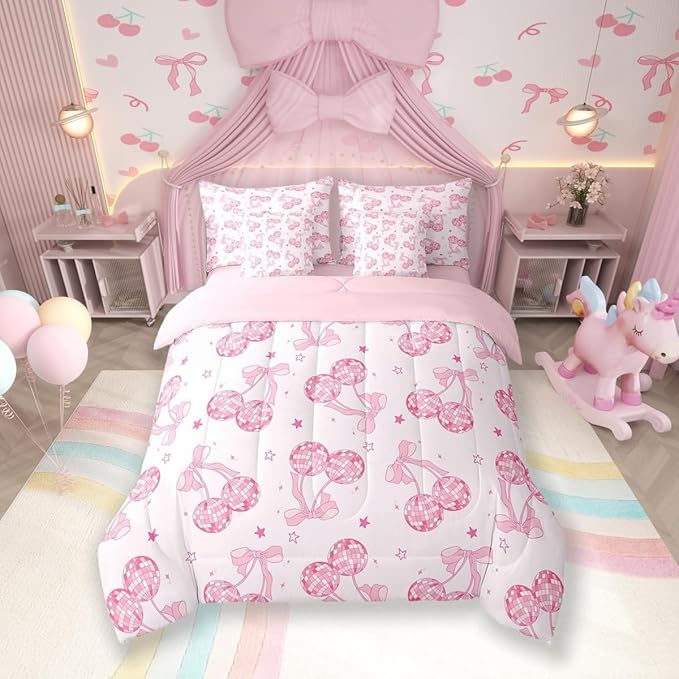7 Pieces Bowknot Princess Kids Comforter Queen,Disco Crystal Ball Western Cowgirl Bedding Set,Starry Sky Bow Tie Romantic Pink Girly（Comforter+Fitted+Flat Sheet+2 Pillowcases+2 Throw Pillow Covers）