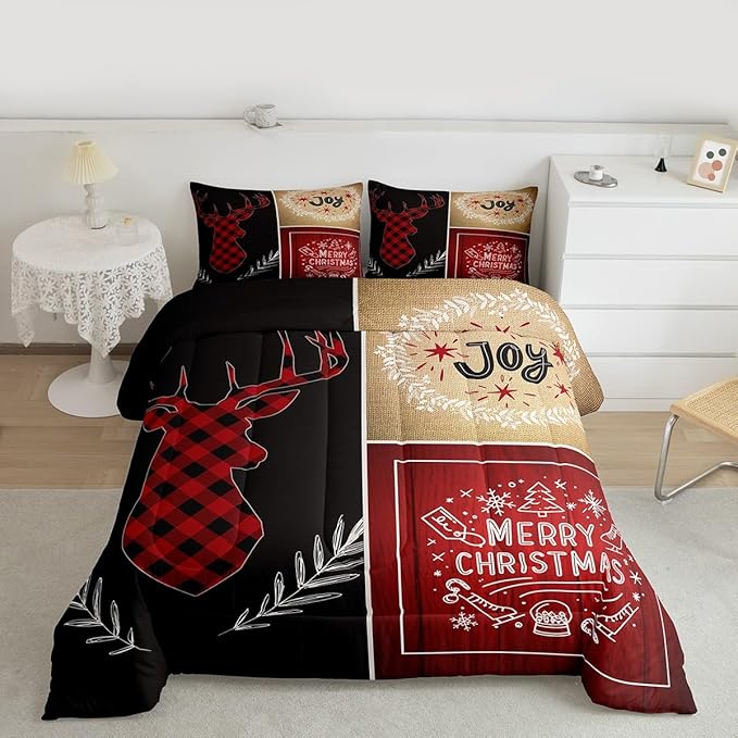 Deer Antler Kids Christmas Comforter Set King Size,Elk Plam Leaves Bedding,Girls Boys Adults Bedroom/Xmas Cabin Decor,Plank Lattice Vintage Down Comforter,Rustic Farmhouse Duvet Insert,2 Pillowcases