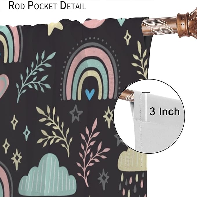 Boho Rainbow Curtains for Kids Nursery Colorful Floral Sun Star Clouds Pastel Bohemian Pattern Print Window Drapes for Girl Bedroom Living Room Kitchen Decor,2 Panel Set,55Wx63H Inch Blackout