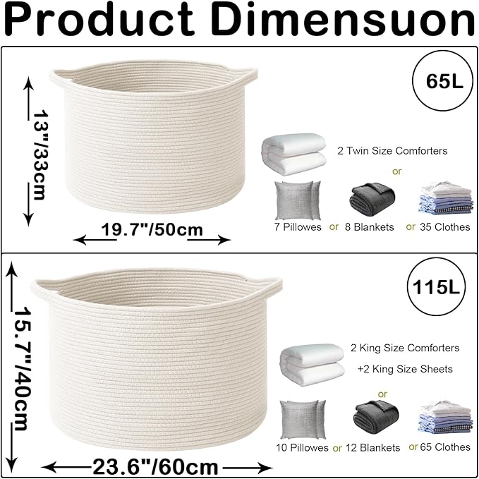 Large Blanket Basket for Organizing,115L Closet Organizers and Storage Bins Box for Shelves Woven Rope Storage Baskets,Living Room,Bedroom,Dorm,Laundry room (White)