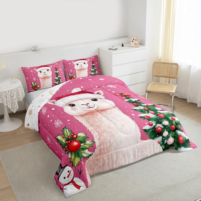 Feelyou Merry Christmas Bedding Set Soft for Boys Girls, Cute Llama Comforter Set Toddler Size Snowflake Duvet Quilt Microfiber Christmas Tree Bedroom Decor 2 Pcs with 1 Pillow Cases