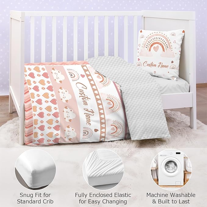 Personalized Baby Crib Bedding Set,3 Piece Custom Name Nursery Set with Blanket, Fitted Sheet & Pillowcase for Baby Girls & Boys, Boho Rainbow Theme(Fixed Size)