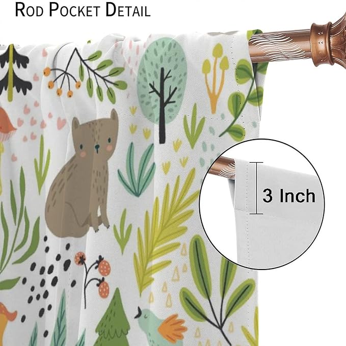 Cartoon Forest Kids Blackout Curtains,Cute Woodland Wild Animals Colorful Deer Plants Trees Print Pattern Thermal Insulation Window Drapes for Nursery Boys Girls Bedroom,White Background 55x63in