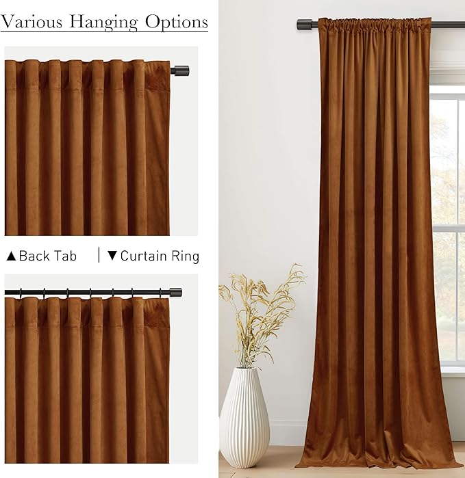 StangH 120 inches Long Velvet Curtains, Burnt Orange Blackout Thermal Insulated Drapes for Living Room, Extra Long Thick Back Tab Backdrop Curtains, W52 x L120, 2 Panels