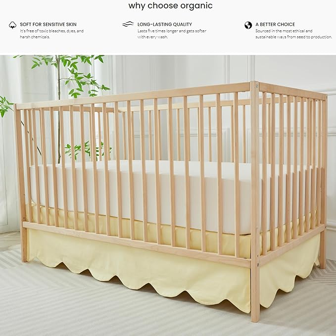 Brandream Scallop Edge Cotton Crib Skirt Toddler Bedskirt Baby Nursery Crib Bed Skirt Boho Bohemian Neutral Solid Color Light Yellow Farmhouse Chic Bedding Skirt