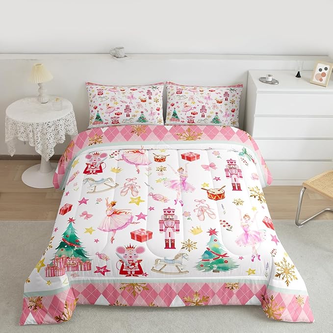 Feelyou Pink Christmas Kids Comforter Set Toddler Size Ballet Nutcracker Bedding Set Snowflake Duvet Quilt for Kids Boys Girls Bedroom Decor Microfiber Ultra Soft Breathable