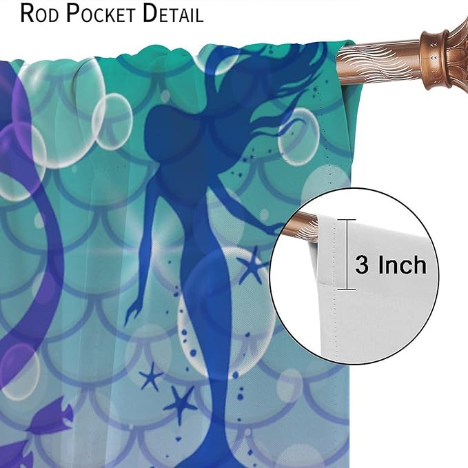 Mermaid Kids Girls Curtains Fantasy Mermaid Silhouette Ocean Theme Beautiful Blackout Window Treatment for Girls Bedroom Nursery Room Decor Rod Pocket Window Drapes 55" W X 63" L