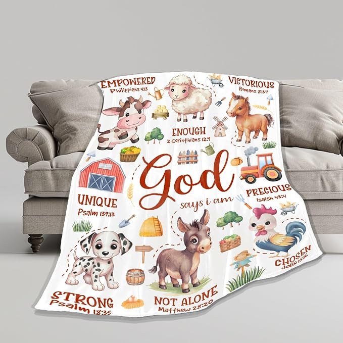 Farm Animal Blanket,Bible Verse Blanket, Christian Gifts, Cow Sheep Horse Chicken Dog Tractor Print Blankets,Cute Religious Gifts for Women Men,Farm Animals Lover Room Bed Decoration, 60"x80"