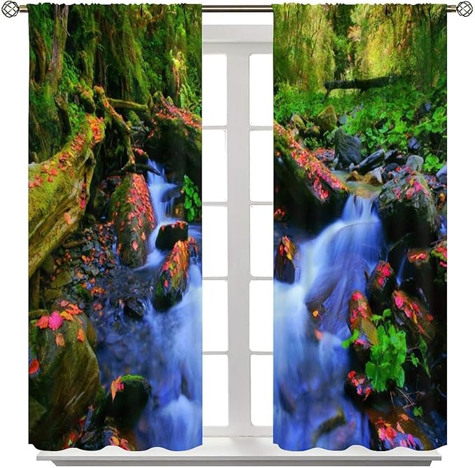 Forest Landscape Blackout Curtains, Natural River Rainforest Waterfalls Plant Print Pattern Window Drapes, for Bedroom Living Room 63" W X 72" L
