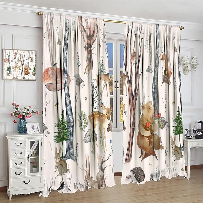 Rustic Forest Window Curtains Curtains, Woodland Animal Bear Deer Hedgehog Fox Squirrel Watercolor Blackout Rod Pocket Treatments Drapes for Boys Girls Bedroom 55x63in