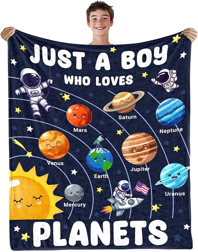 Just A Boy Who Loves Planet Solar System Space Blanket Gifts for Planets Lovers, Cute Planets Blanket Gifts for Christmas, Planet Birthday Gifts for Boys Son Men on Sofa Couch Bed 50"x 60"