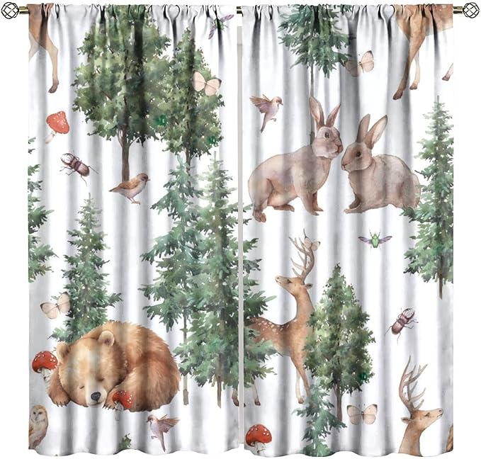 YCness Forest Animal Curtains, Wild Animals Watercolor Woodland Bear Rabbit Cartoon Window Treatments for Kids Bedroom Living Room Kitchen Living Room Drapes, 63x72 Inch