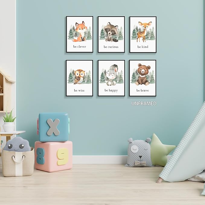 gooptyinh Woodland Nursery Animal Canvas Wall Art, 6 Piece Inspirational Forest Animals Print Posters, Motivational Quotes Cute Bear Fox Rabbit Deer Raccoon Owl Decor for Baby Bedroom 8x10in Unframed
