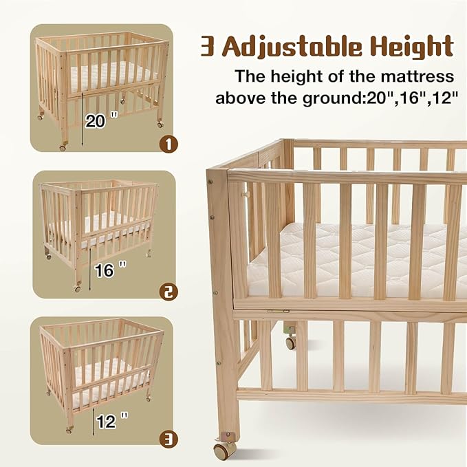 Portable Mini Baby Crib - Pine Wood Foldable 4-in-1 Baby Crib with Mattress,Portable Bedside Bassinet Sleeper,3 Adjustable-Height Baby Cribs for 0-18 Months,Unpainted