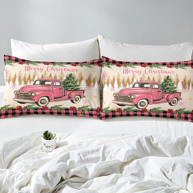 Erosebridal Xmas Tree Full Bedding Sets Merry Christmas Comforter Sets for Kids Boys Girls Teens Snowflake Decorations Down Comforter Princess Bow Pink Decor Duvet Insert