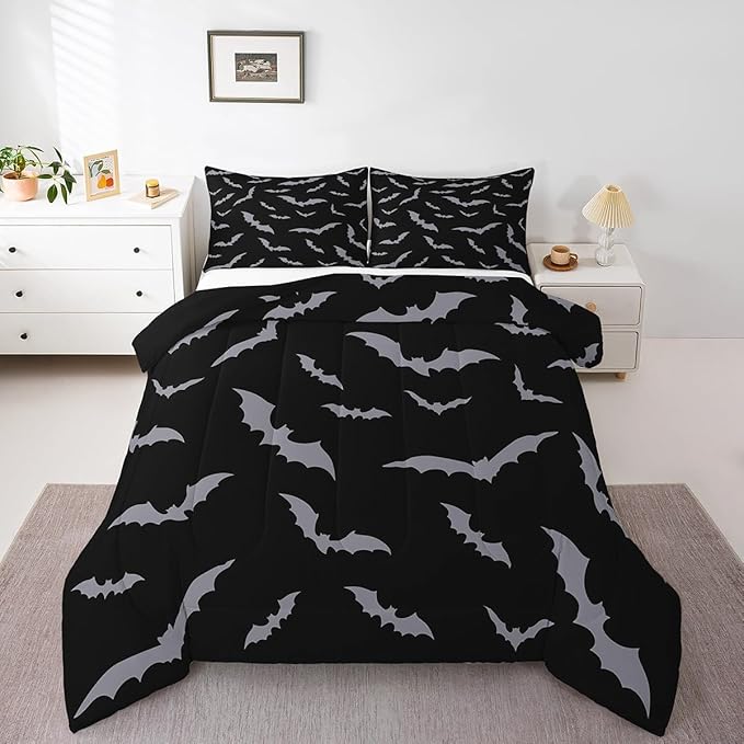 Erosebridal Happy Halloween Comforter Set for Kids Youth Grey Bats Bedding Set Gothic Spooky Quilt Toddler Size Cartonn Bed Decorative Bedding Comforter Sets with 1 Pillow Case