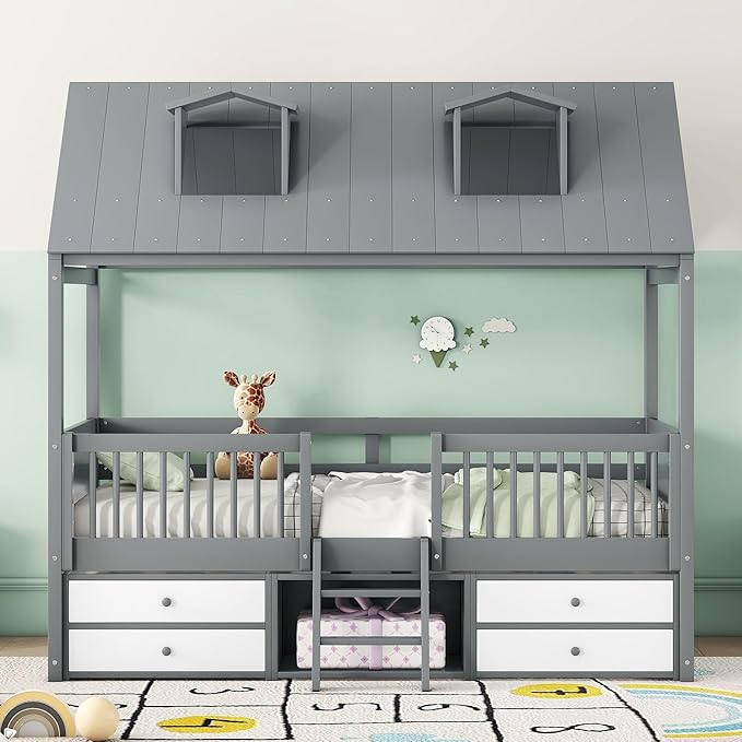 Merax Twin Size House Bed Frame with Full-Length Fence and 4 Storage Drawers, Kids Playhouse Tent Bed with Roof and 2-Step Ladder for Children Boys Girls Teens Bedroom, Solid Wood Slats Support, Gray