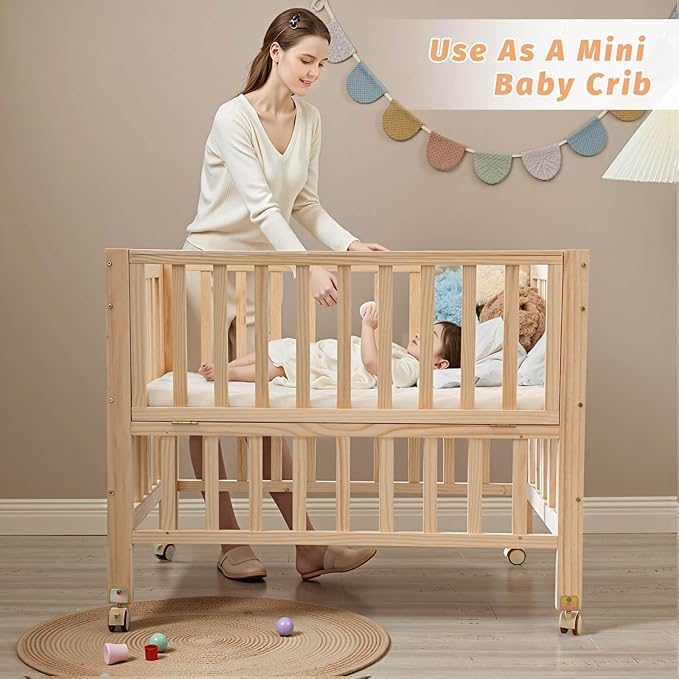 Folding Wood Bedside Bassinet - Portable 4-in-1 Baby Bassinet with Breathable Mattress,3 Heights Baby Crib with Wheels,Mini Crib for Infant Newborn and Small Space,Unpainted